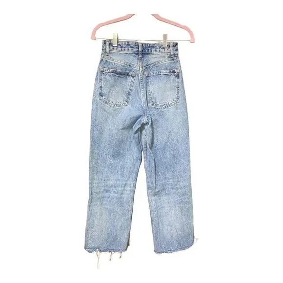 Zara Distressed Denim Jeans Light Wash Size 0 Wide Leg Zip Front Frayed hem - Picture 2 of 3